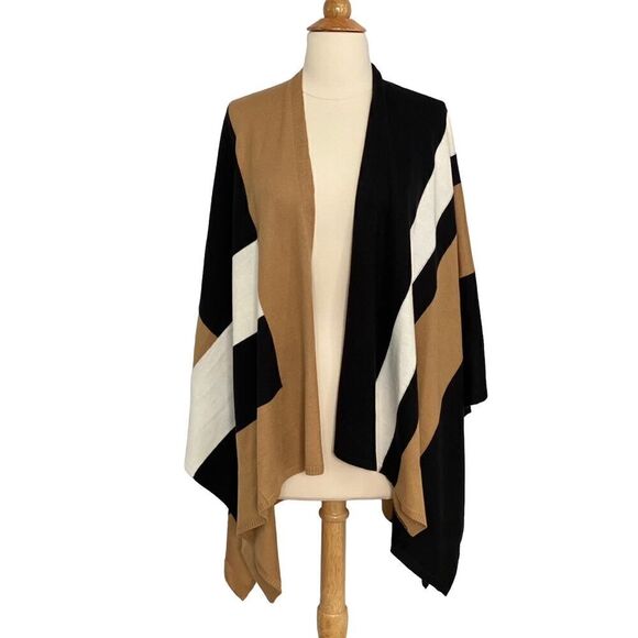 Parrish LA Colorblock Stevie Poncho Cape Wrap Sweater Camel Black Cream OS NWT - Picture 13 of 13